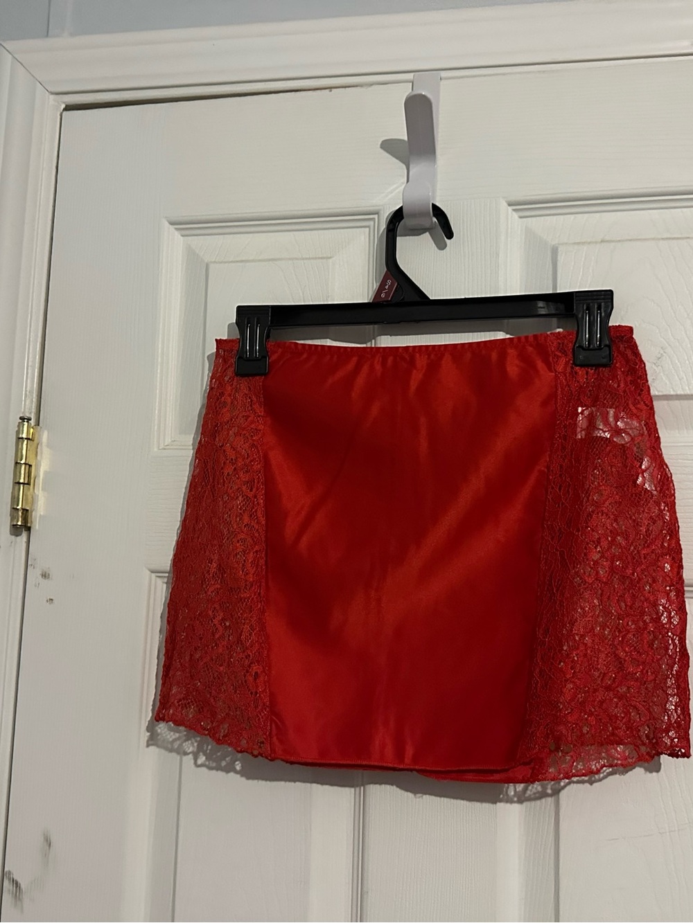 PrettyLittleThing Red Satin Lace Mini Skirt